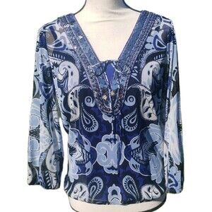 INC Blouse Women S Blue Paisley Sheer Sequins 3/4 Sleeves V Neck w/Camisole